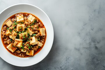 A dish of mapo tofu with a rich, spicy sauce and minced pork, served in a white bowl with a plain light gray background and ample copy space