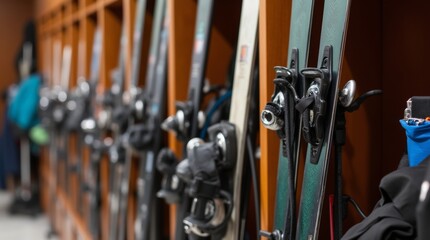 Fototapeta premium close-up of ski equipment, including skis, poles, and boots, arranged neatly in a ski resort locker room