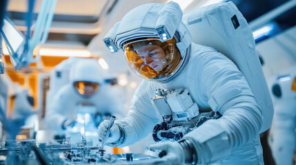 Astronaut working on complex panel in spaceship control room