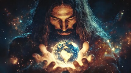 Cosmic Jesus with a luminous globe in his hands, blending minimalist design with radiant celestial energy
