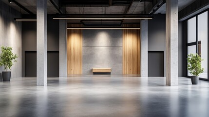 Obraz premium A large, empty room with a bench and two potted plants