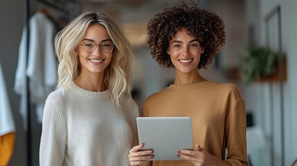 Businesswomen collaborating on project using digital tablet in modern office environment
