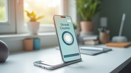 smartphone on a clean desk displaying a streak counter app, productive atmosphere