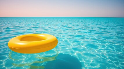 Obraz premium A single bright yellow inflatable ring floating on crystal clear blue water, symbolizing carefree summer days and relaxation
