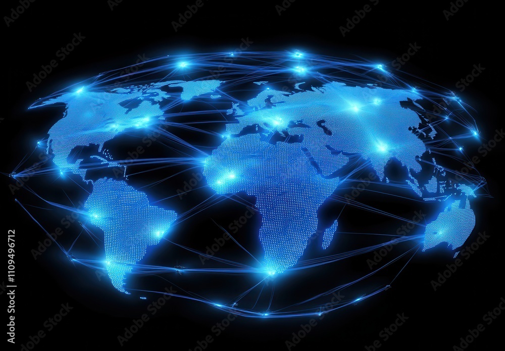 Poster futuristic digital global network map with nodes and connections representing modern communication a