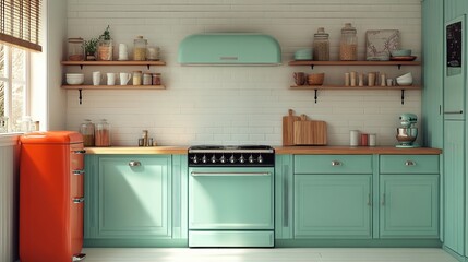 Vintage kitchen featuring turquoise cabinets and a retro red refrigerator, blending style and functionality in a cozy home setting