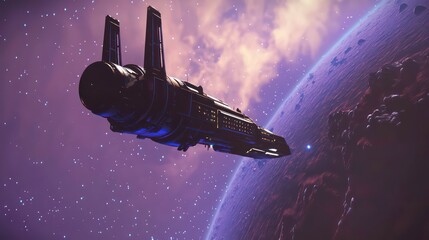 Obraz premium Spaceship soaring through cosmos near a red planet and asteroid field.