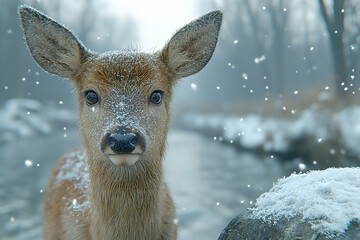 A young deer covered in snow looks directly at the camera, standing near a stream in a snowy forest.