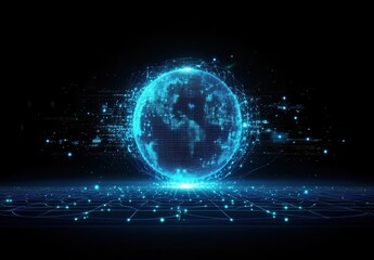 Obraz premium Futuristic Digital Globe in Blue Display with Data Connections and High-Tech Elements Representing Global Communication and Technology Advancement