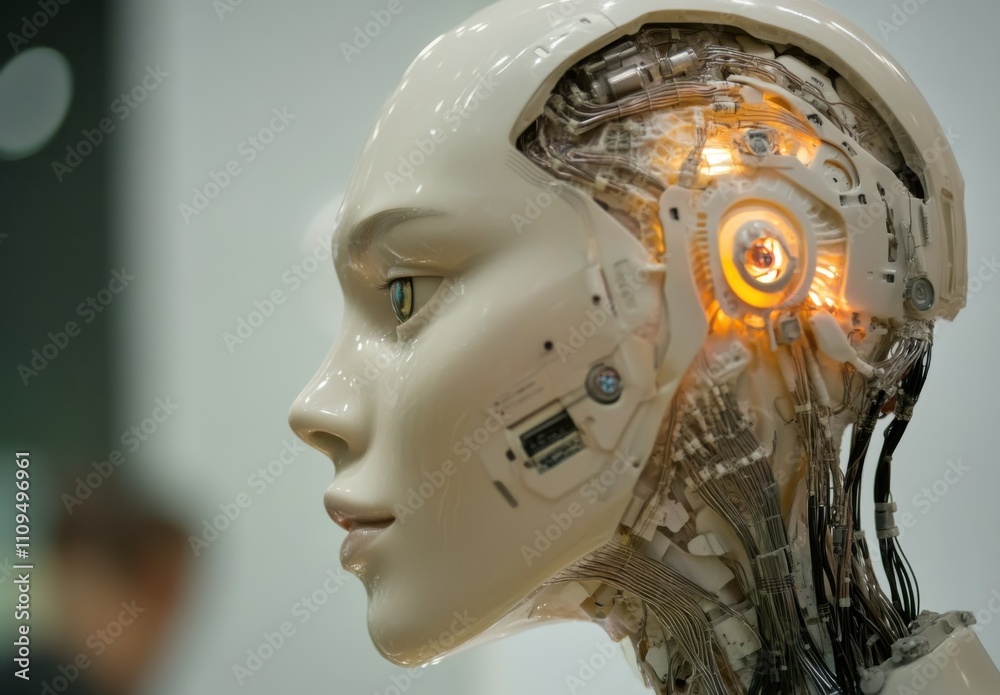 Poster futuristic humanoid robot head showcasing advanced artificial intelligence technology with visible i
