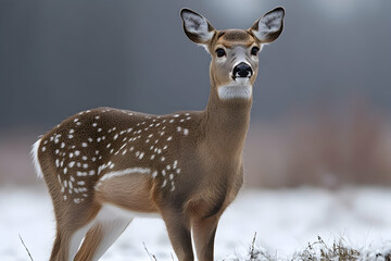 A young white-tailed deer stands in a snowy field.