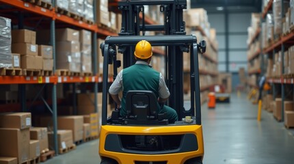 A warehouse operator driving a forklift truck.