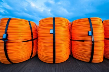 Fiber optic cable rolls in a storage yard, glowing faintly.