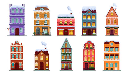 Christmas cute house. Winter town. City village with facade of building in snow. Cottage home architecture with New Years holiday decor. Vector tidy cartoon flat isolated countryside illustration