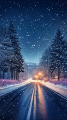 a snowy mountain road at night, with trees covered in snow and lights shining on the ground, the sky is dark blue, creating an atmosphere of tranquility and mystery, 

