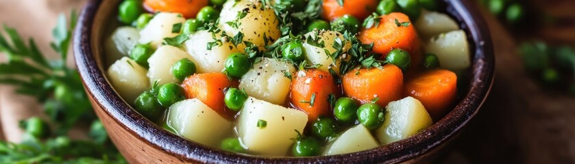 A bowl of colorful vegetable stew featuring potatoes, carrots, and peas, garnished with herbs.