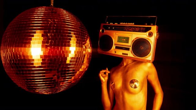 gold body painted burlesque dancer with boombox head