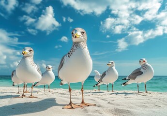 Group of Seagulls Standing on a Sandy Beach Under a Bright Blue Sky with Fluffy White Clouds and Crystal Clear Ocean Water in the Background