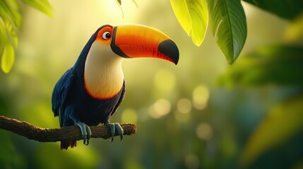 Obraz premium Colorful toucan on branch, tropical setting, sunlight streaming through tree leaves