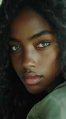 Intimate close-up portrait of a young woman with captivating green eyes, reflecting a thoughtful and serene mood.