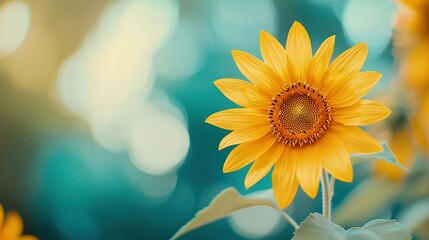 Obraz premium A yellow sunflower in sharp focus, surrounded by blurred tree boke and a blue sky backdrop