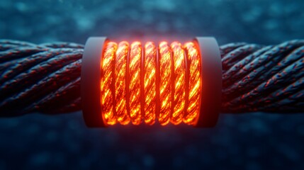 Subsea fiber optic cable cross-section glowing underwater.