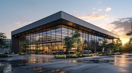 Modern glass building at sunset, showcasing sleek architecture and ample parking.