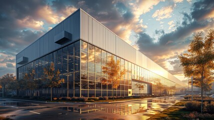 Obraz premium Modern warehouse building at sunset.