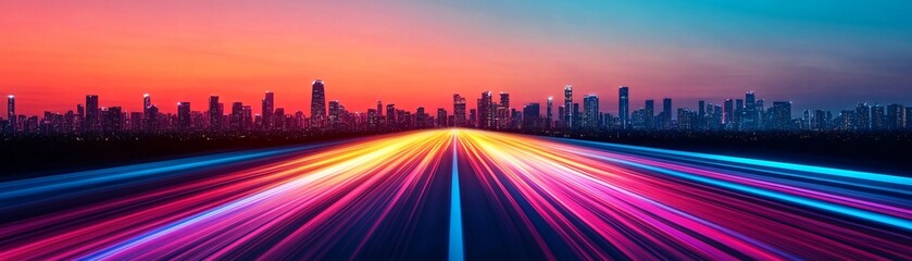 Obraz premium A cityscape illuminated with light trails representing fiber optic data transfer.