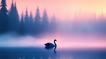 Fototapeta premium A swan gracefully glides through a tranquil lake surrounded by majestic trees and a hazy sky overhead