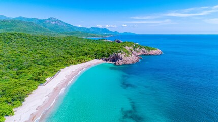 A stunning, expansive sandbank extends into the sea, featuring pristine white sand and created by generative AI.