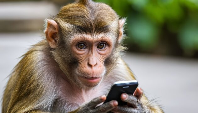 illustration of a monkey using smartphone phone in jungle