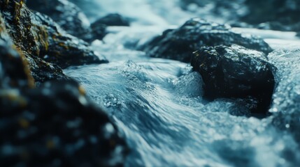 Close-up of a stream flowing over dark rocks.