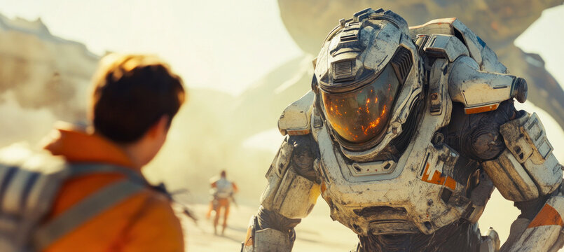 Astronaut looking at powerful futuristic robot in a desert planet