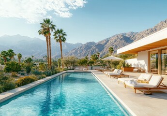 Fototapeta premium Luxurious Modern Villa with Pool Surrounded by Palm Trees and Mountains Under Clear Blue Sky in a Tranquil Desert Setting for Relaxation or Vacation Getaway