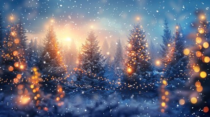 Magical winter forest scene with snow, illuminated trees, and warm lights.
