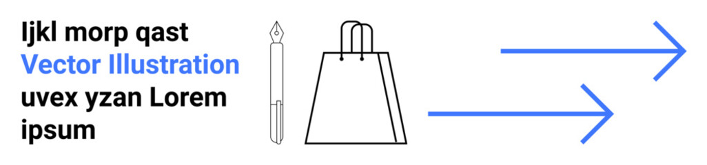 Shopping bag, pen, and text elements next to two blue arrows pointing right, signifying progress or direction. Ideal for ecommerce, marketing, online shopping, business strategy, growth navigation