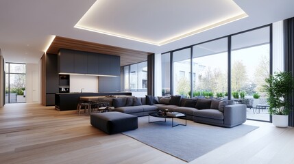 Fototapeta premium A large living room with a black kitchen and a white kitchen