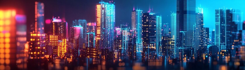 Obraz premium Fiber optic upgrade Process. Vibrant city skyline at night showcasing bright lights and modern architecture.