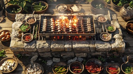 Overhead view of grilling meat skewers over an open fire with various ingredients.
