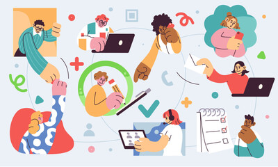 Business team. Office teamwork. Project startup. Communication via computer. Work at laptop. Company cooperation. Corporate management. Professional community. People chatting online. Vector concept