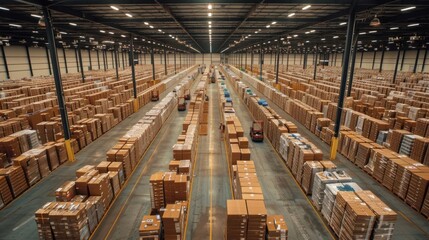 Vast warehouse interior with numerous cardboard boxes and forklifts.