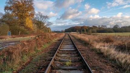 Fototapeta premium Scenic railway track vanishing into autumnal landscape under a partly cloudy sky.