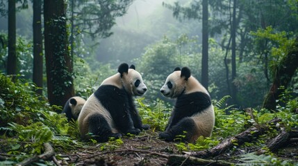 Obraz premium Two giant pandas sitting facing each other in a misty forest.