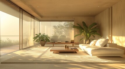 Sunlit minimalist living room with large windows, white sofa, wooden coffee table, and potted plants.