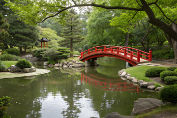 Serene Japanese Garden with Red Arched Bridge