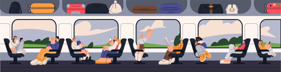 Train inside. Passengers travel. People on seats. Person with luggage on trip. Man looking at cabin window. Tourist reading. Railway journey. Railroad transportation. Vector rail carriage interior