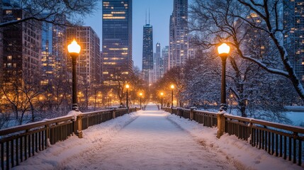Snowy winter evening in urban park with streetlights and skyscrapers.