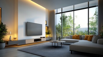 Fototapeta premium A large, open living room with a fireplace and a large window