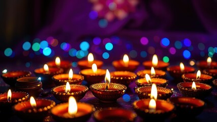 A collection of lit diyas, their warm glow casting a soft light on the surrounding darkness, symbolizing hope and celebration.
